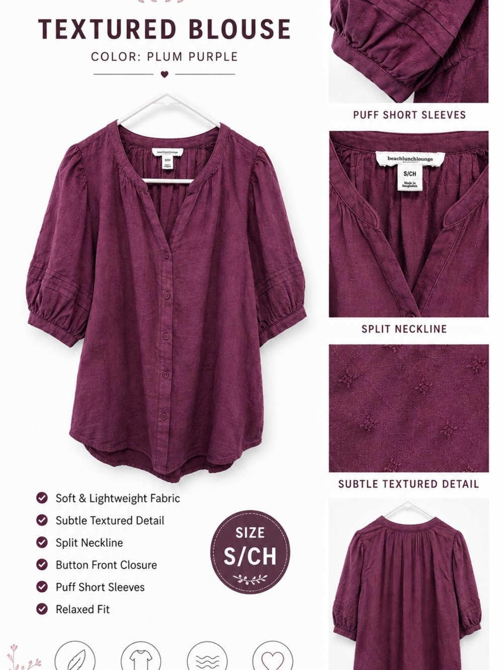 beachlunchlounge Plum Purple Textured Button-Front Blouse